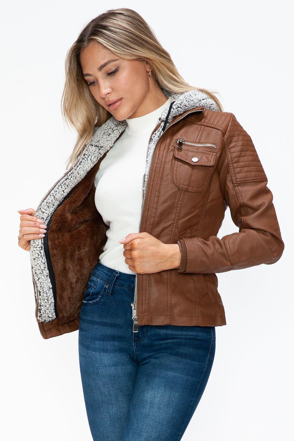 Faux Layered Multi-Pocket Jacket with Hood