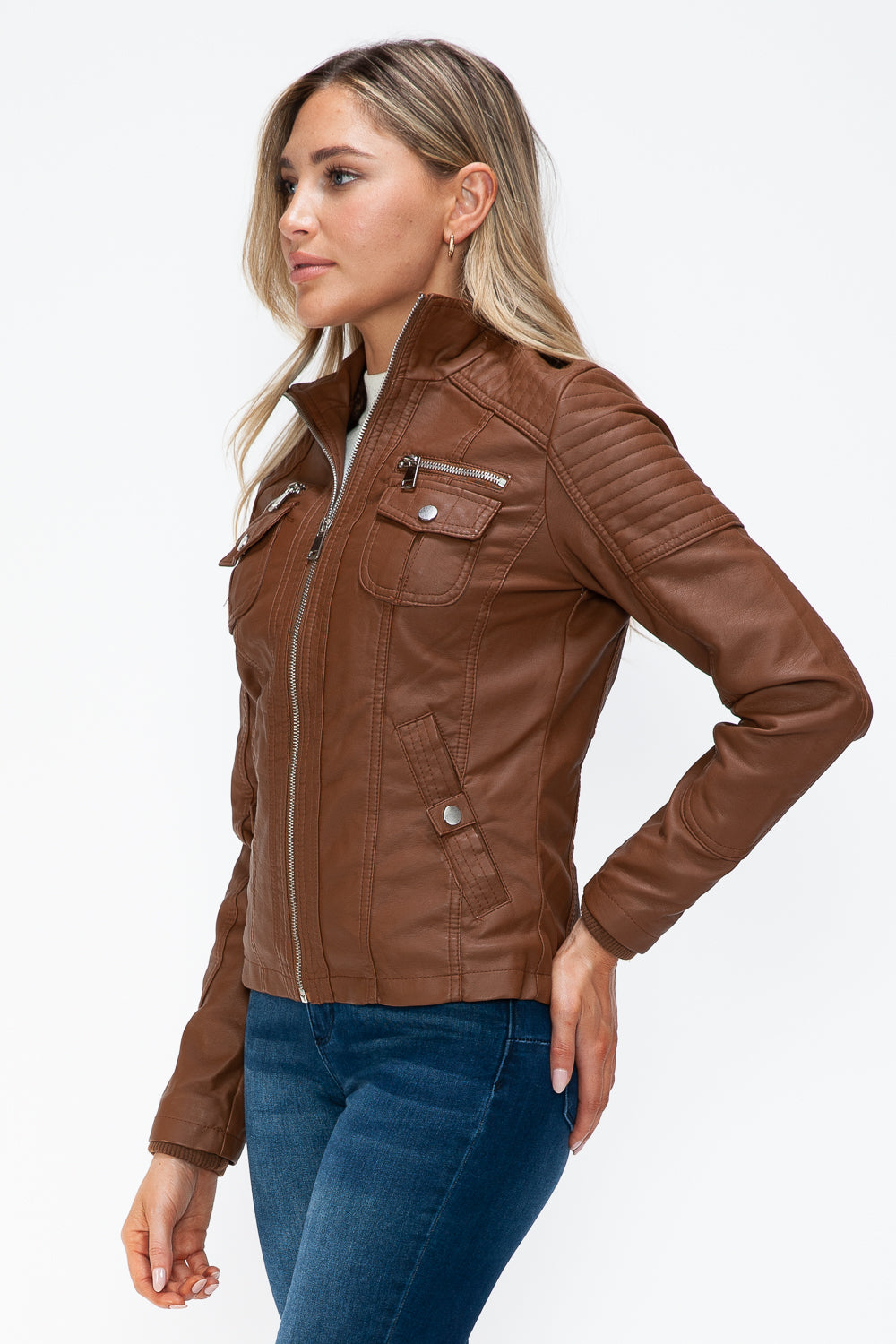 Faux Layered Multi-Pocket Jacket with Hood