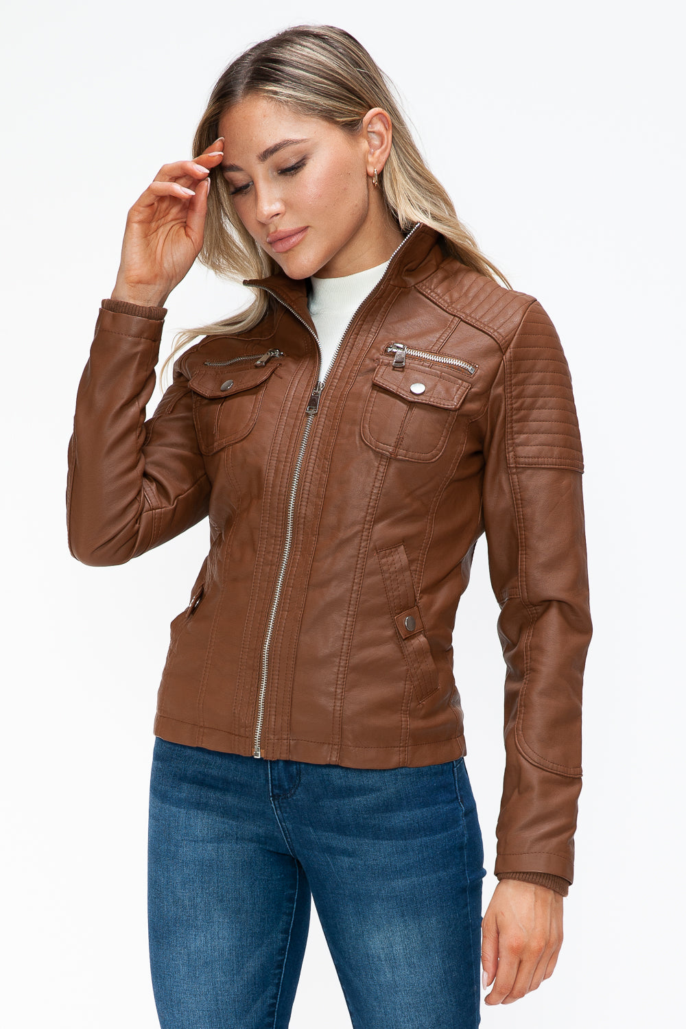 Faux Layered Multi-Pocket Jacket with Hood