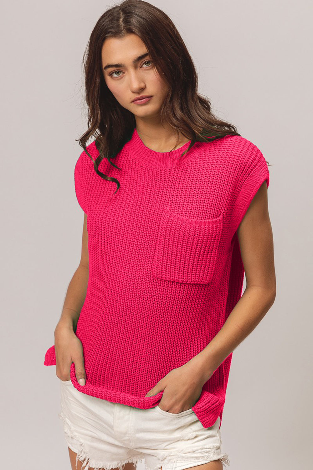 Patch Pocket Cap Sleeve Sweater Top | Shop Webbi