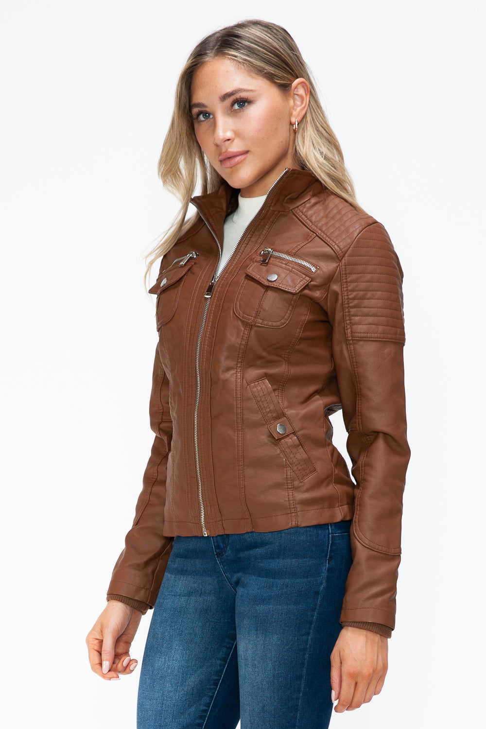 Faux Layered Multi-Pocket Jacket with Hood