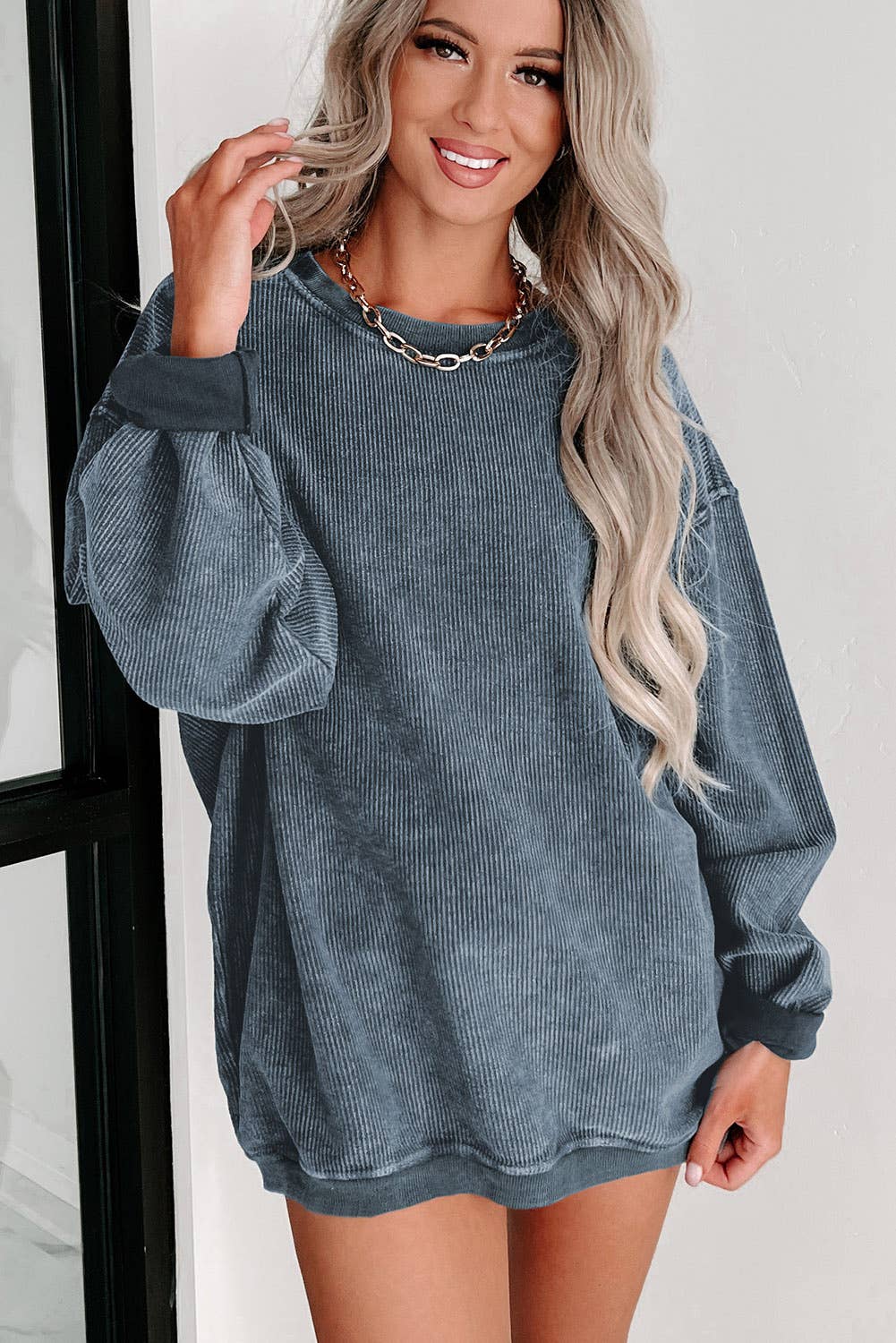 Solid Ribbed Knit Round Neck Pullover Sweatshirt | Shop Webbi
