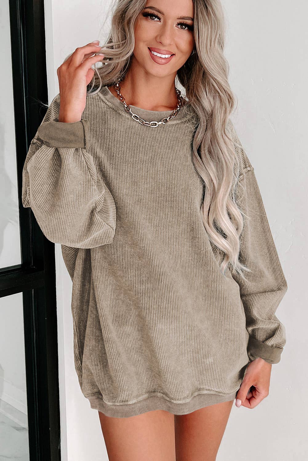 Solid Ribbed Knit Round Neck Pullover Sweatshirt | Shop Webbi