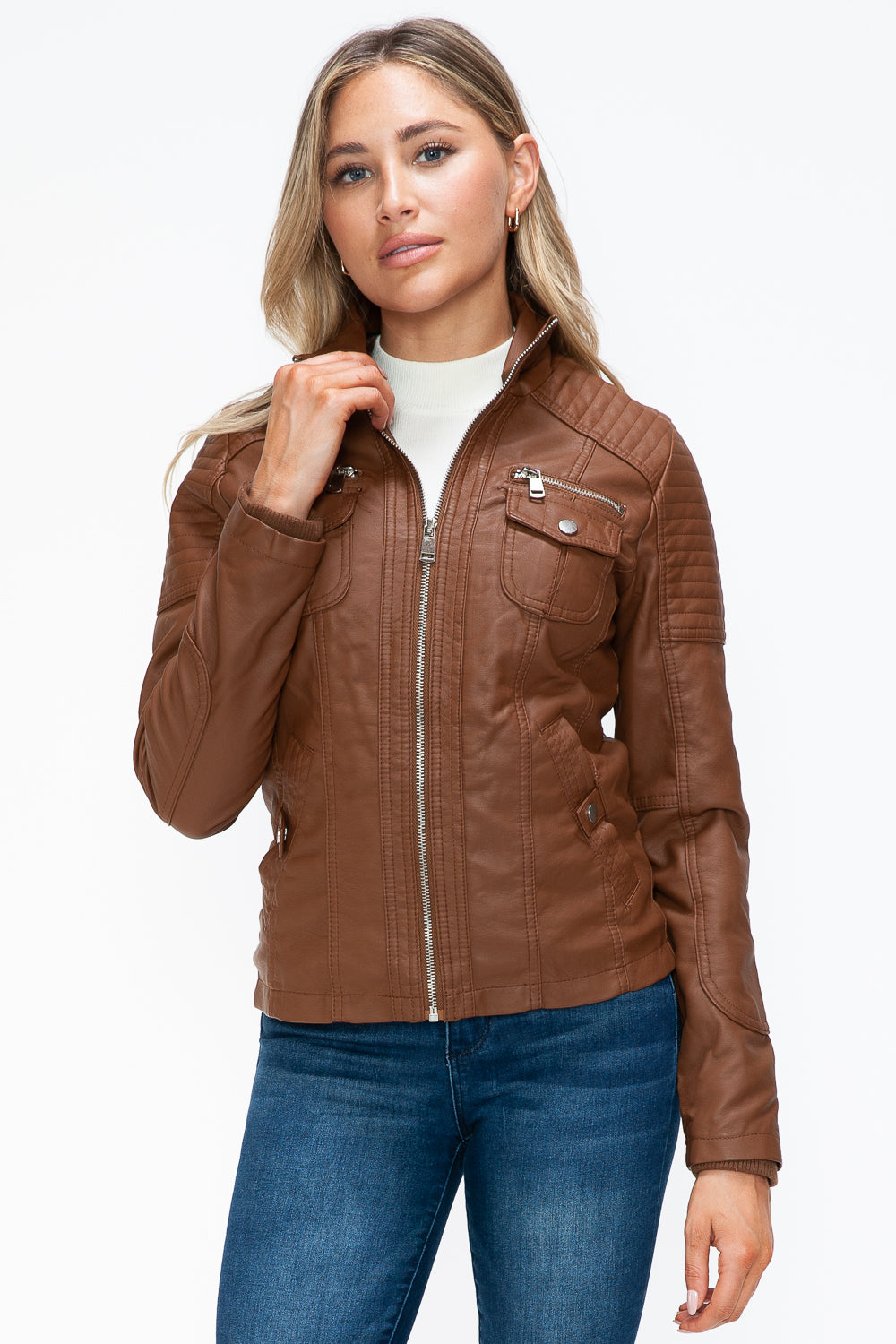 Faux Layered Multi-Pocket Jacket with Hood