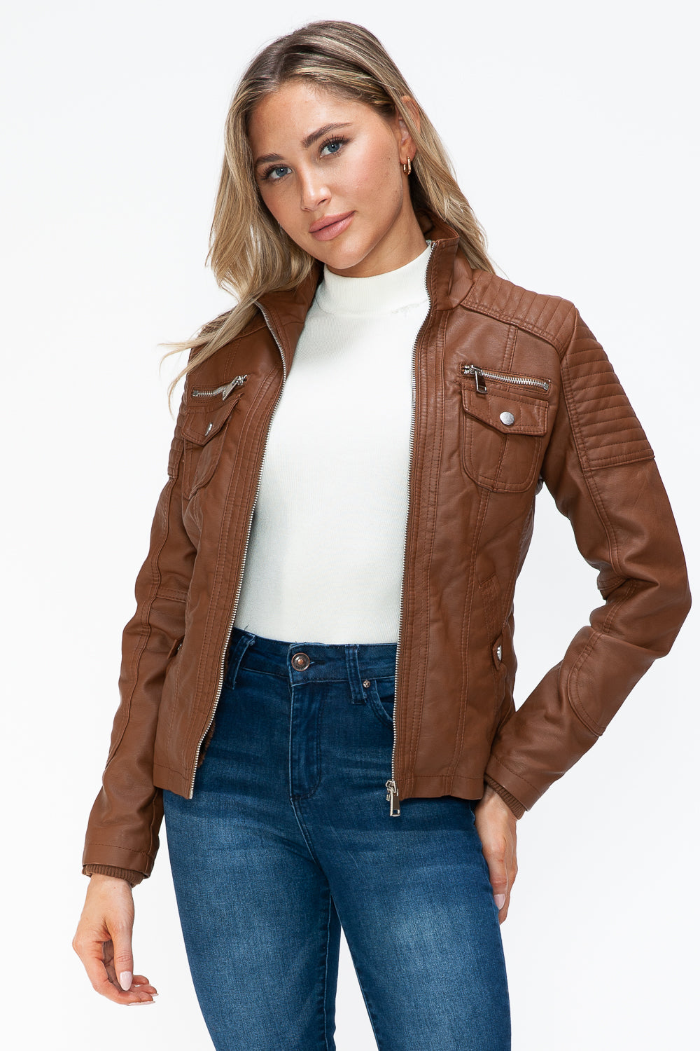 Faux Layered Multi-Pocket Jacket with Hood