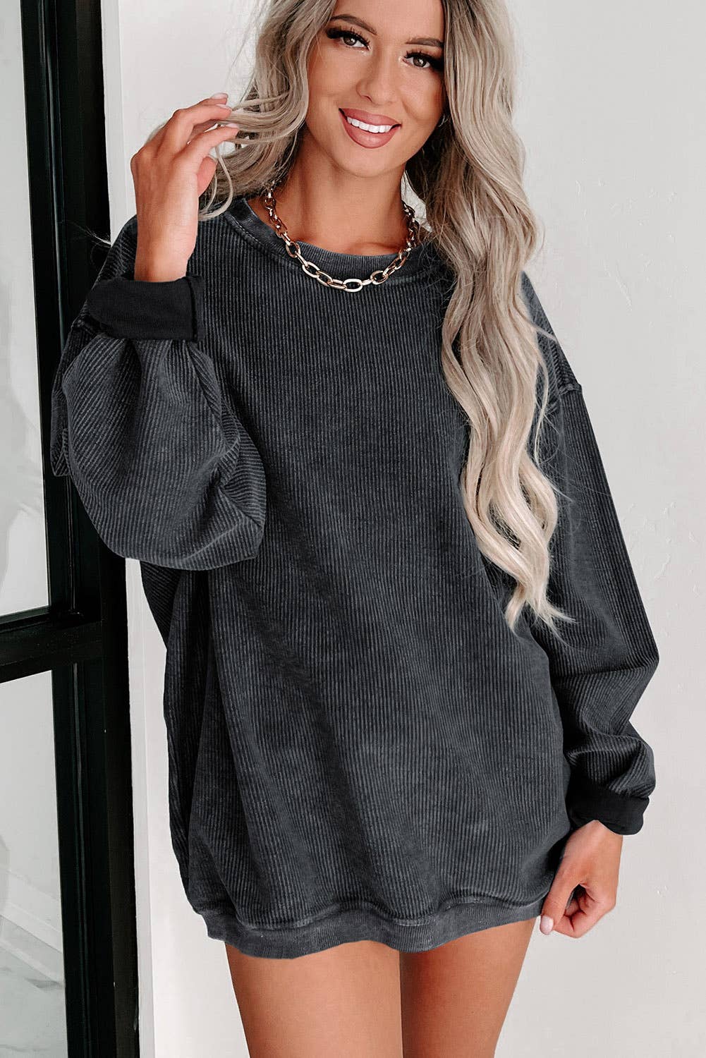 Solid Ribbed Knit Round Neck Pullover Sweatshirt | Shop Webbi