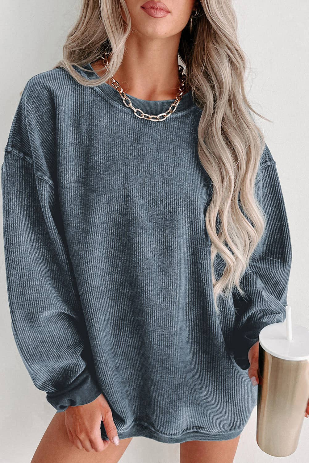 Solid Ribbed Knit Round Neck Pullover Sweatshirt | Shop Webbi