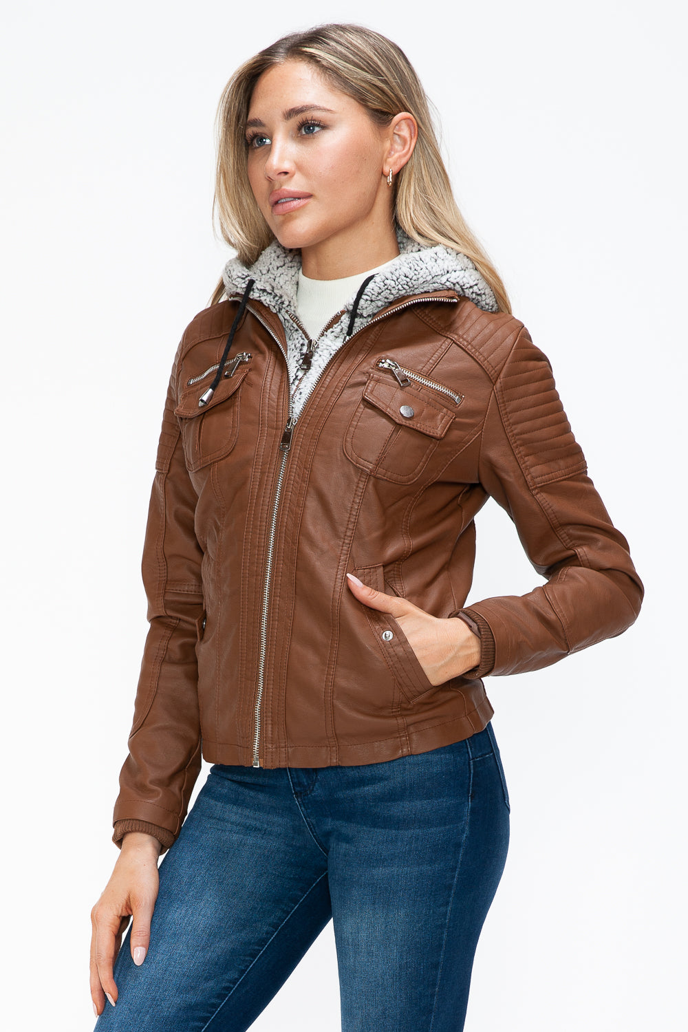 Faux Layered Multi-Pocket Jacket with Hood