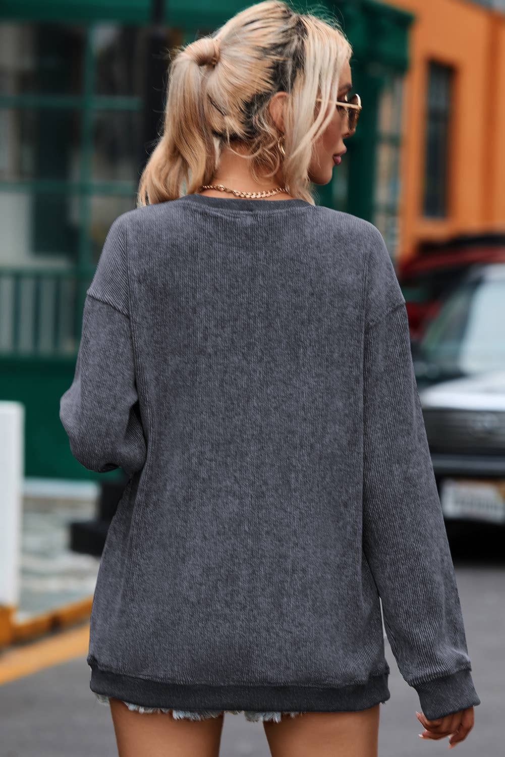 Solid Ribbed Knit Round Neck Pullover Sweatshirt | Shop Webbi