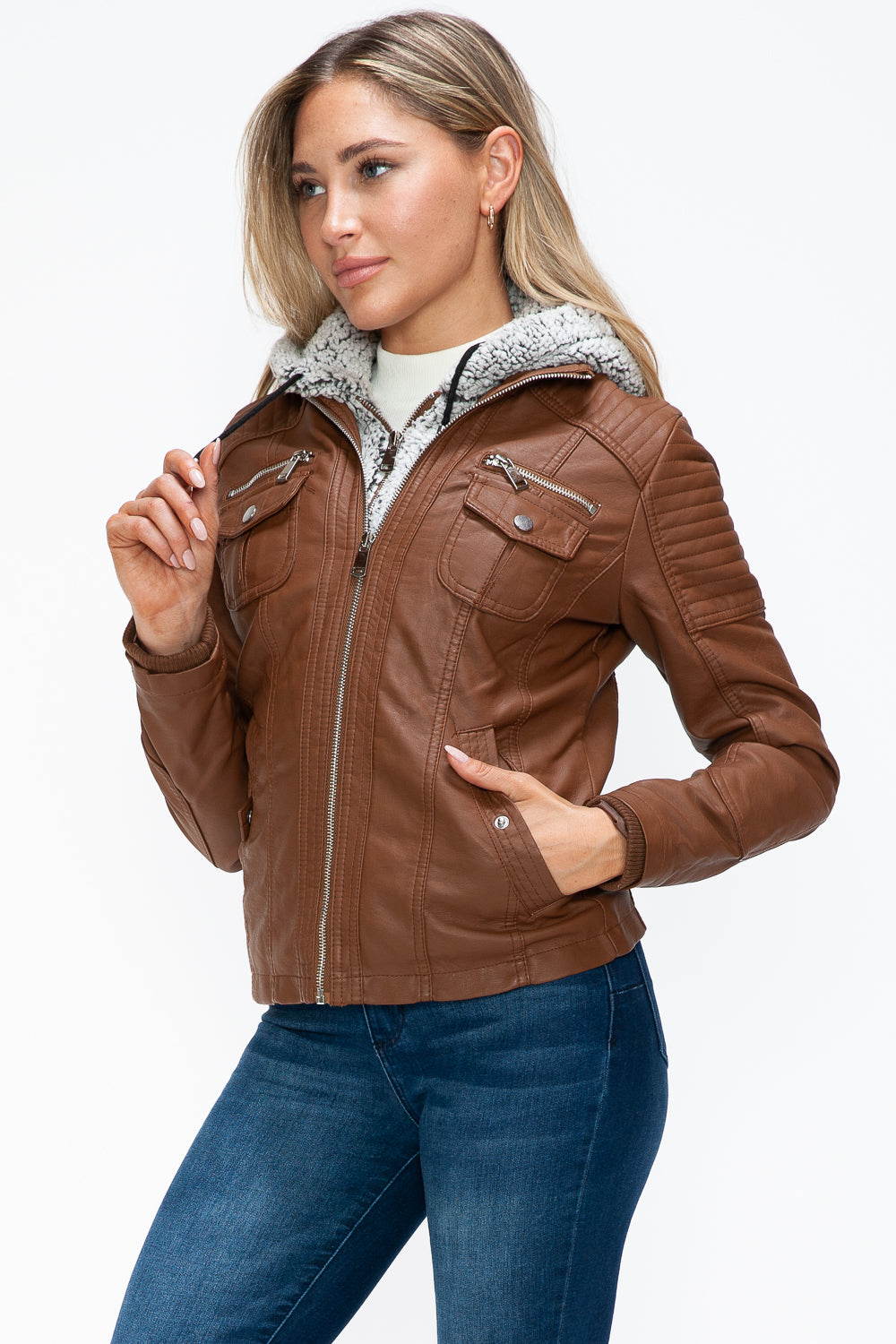 Faux Layered Multi-Pocket Jacket with Hood