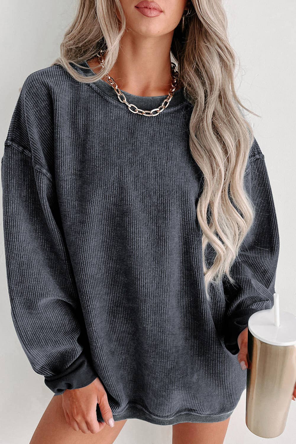 Solid Ribbed Knit Round Neck Pullover Sweatshirt | Shop Webbi