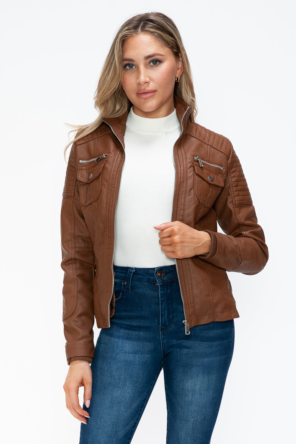 Faux Layered Multi-Pocket Jacket with Hood
