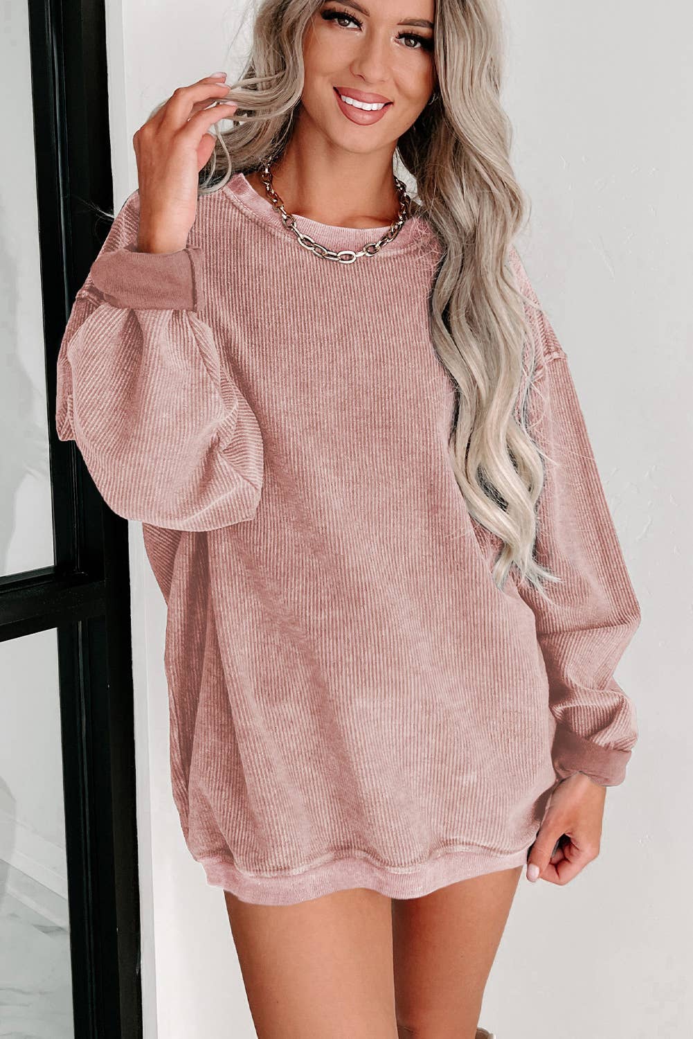 Solid Ribbed Knit Round Neck Pullover Sweatshirt | Shop Webbi