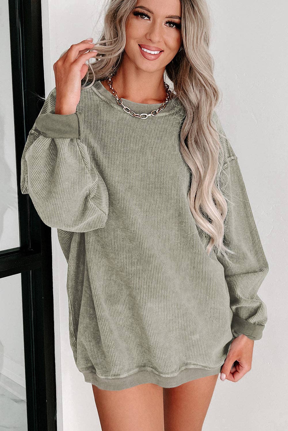 Solid Ribbed Knit Round Neck Pullover Sweatshirt | Shop Webbi