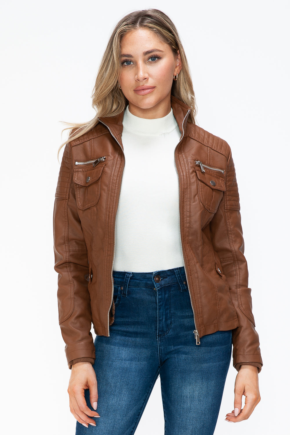 Faux Layered Multi-Pocket Jacket with Hood