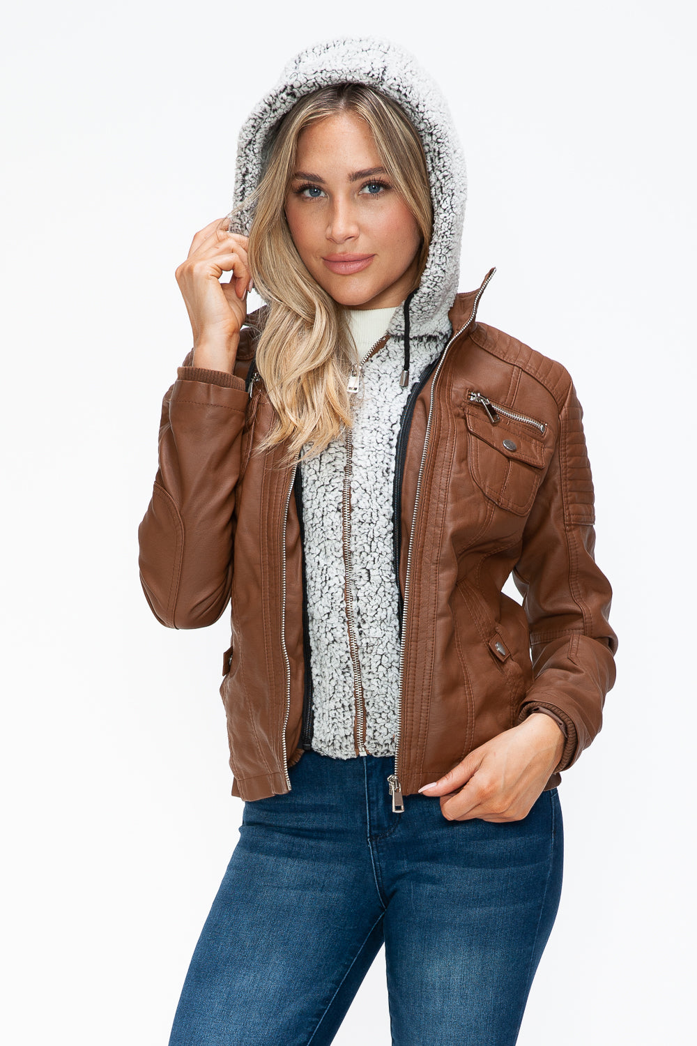 Faux Layered Multi-Pocket Jacket with Hood