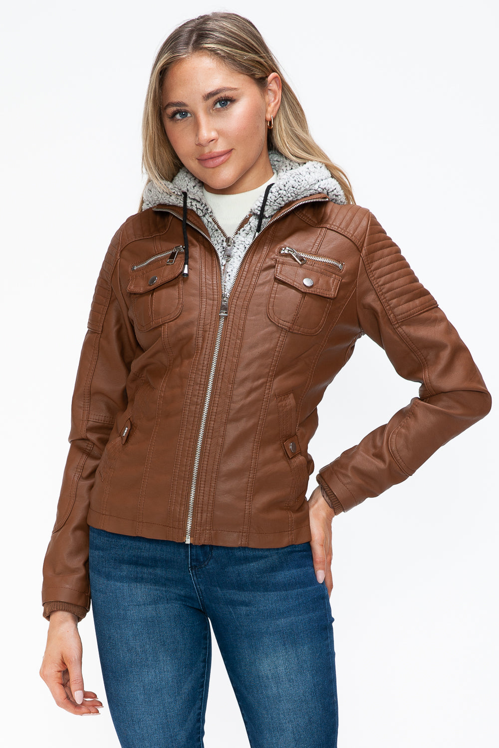 Faux Layered Multi-Pocket Jacket with Hood