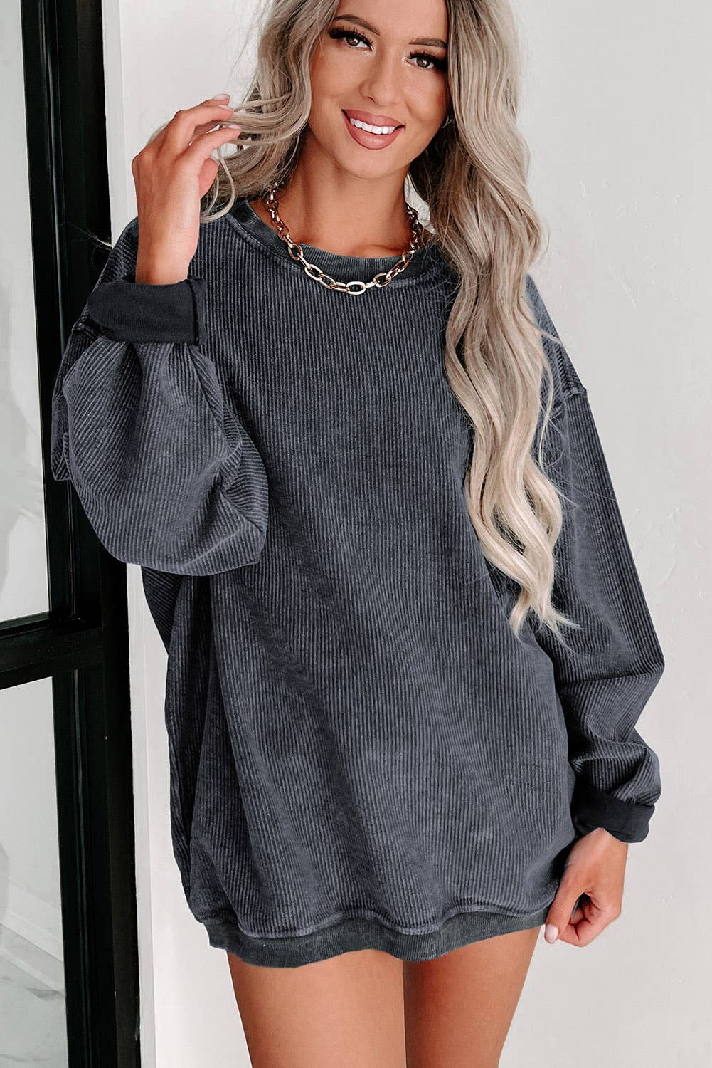 Solid Ribbed Knit Round Neck Pullover Sweatshirt | Shop Webbi