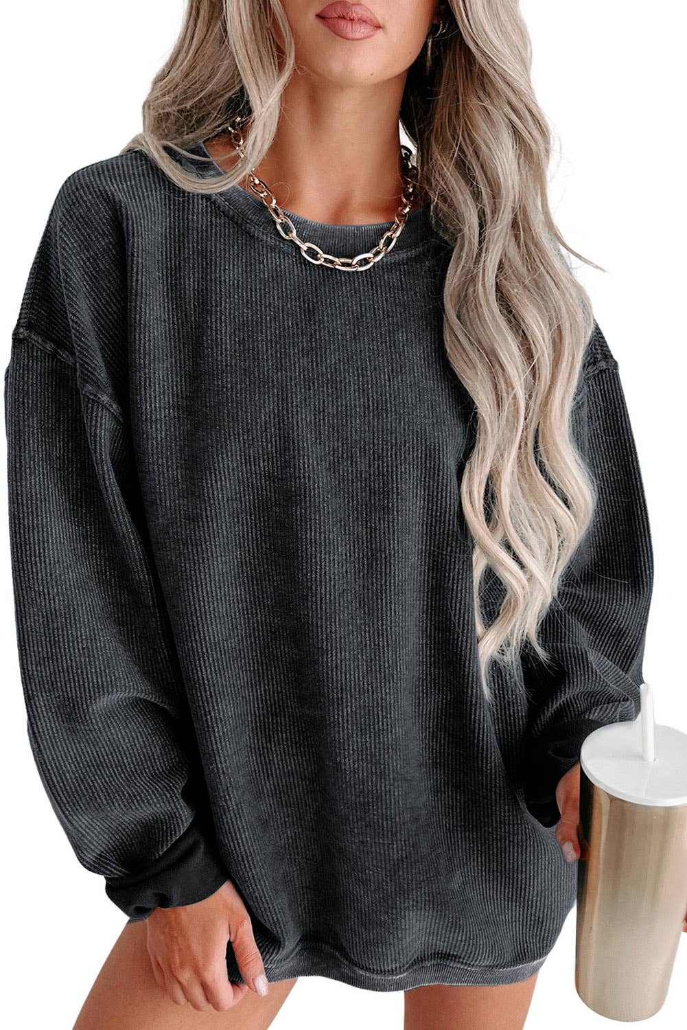 Solid Ribbed Knit Round Neck Pullover Sweatshirt | Shop Webbi
