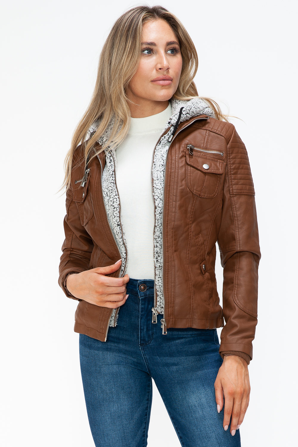 Faux Layered Multi-Pocket Jacket with Hood