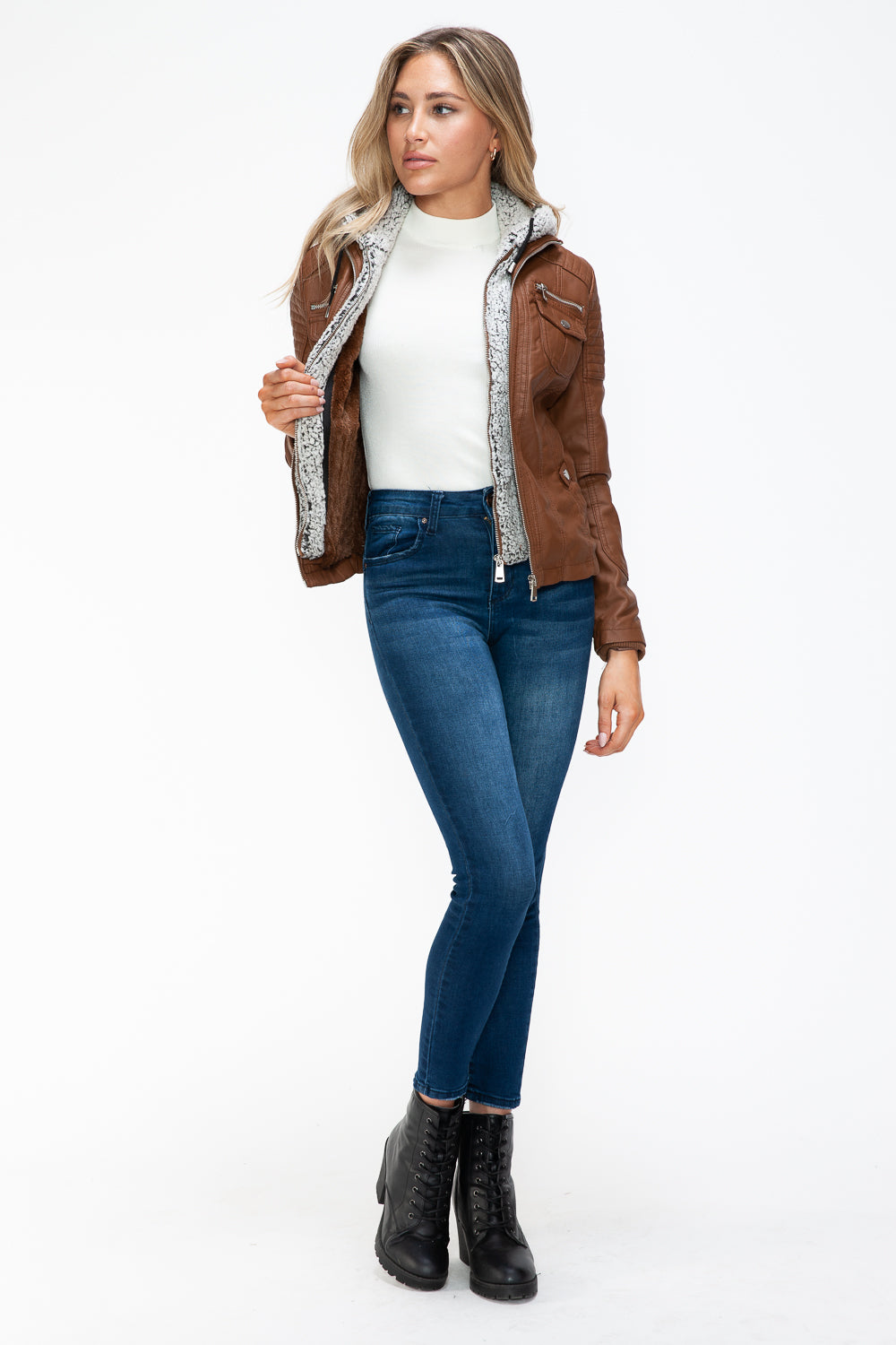 Faux Layered Multi-Pocket Jacket with Hood