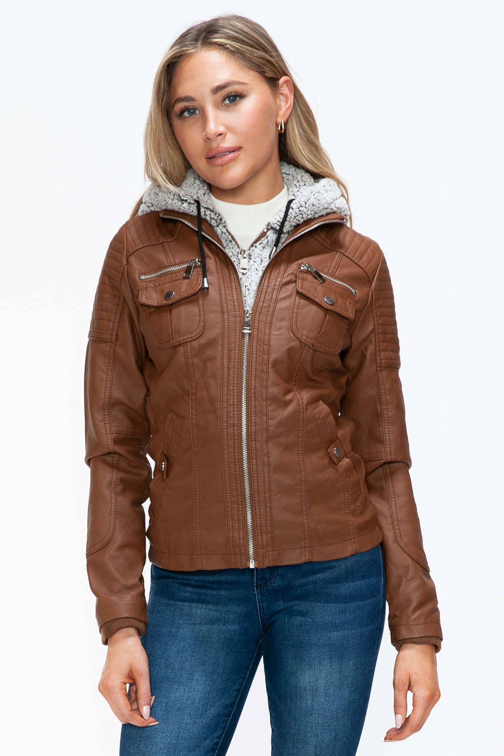Faux Layered Multi-Pocket Jacket with Hood