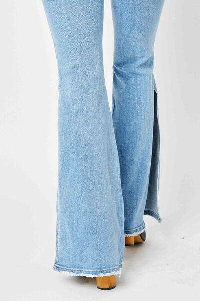 Judy Blue Full Size Mid Rise Raw Hem Slit Flare Jeans | Shop Webbi
