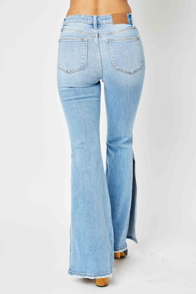 Judy Blue Full Size Mid Rise Raw Hem Slit Flare Jeans | Shop Webbi