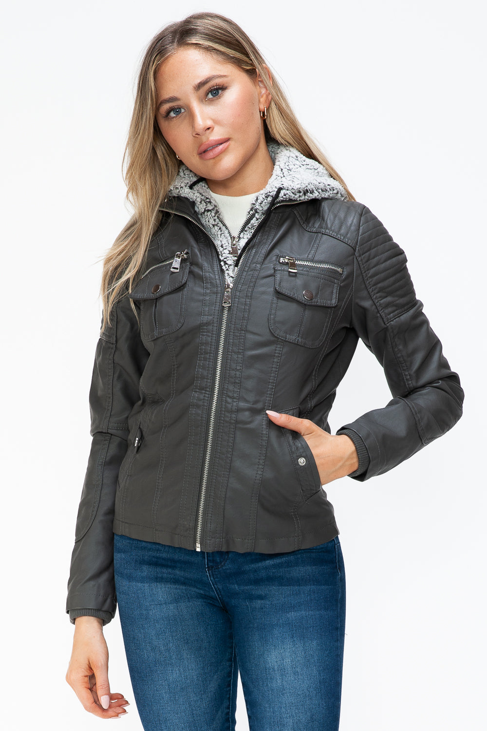 Faux Layered Multi-Pocket Jacket with Fuzzy Hood