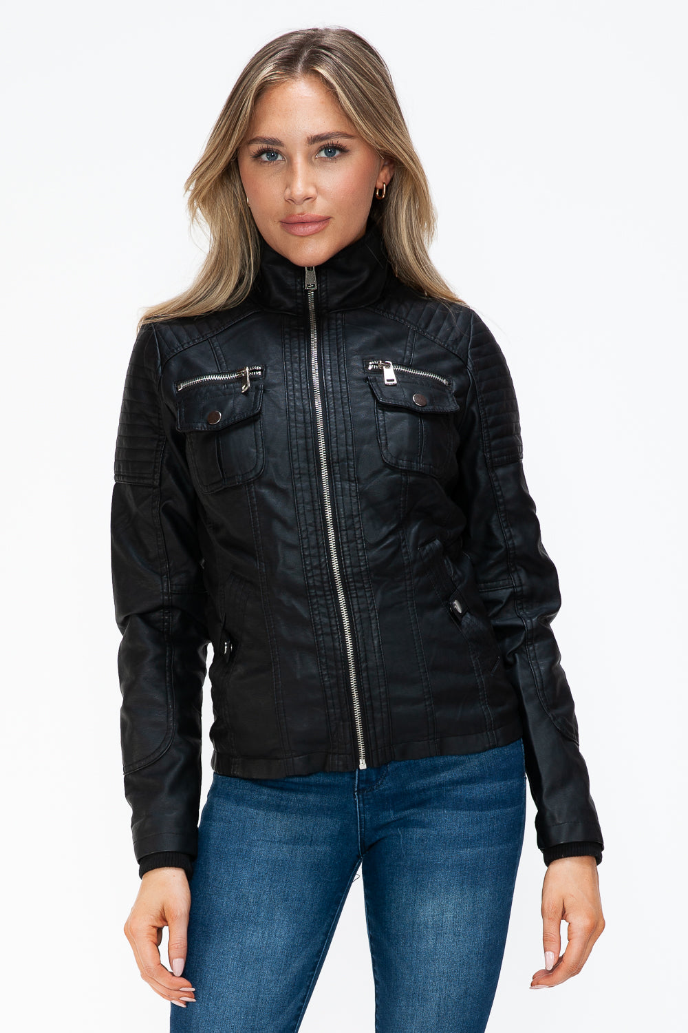 Faux Layered Multi-Pocket Jacket with Fuzzy Hood