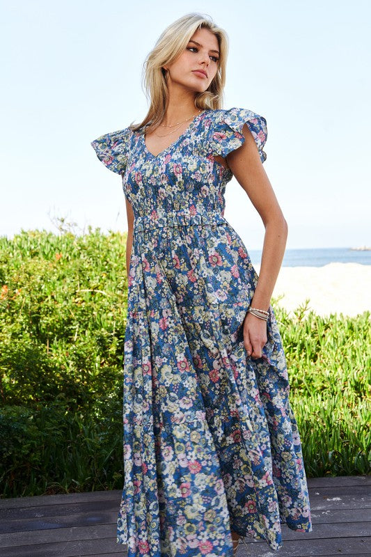 Vintage Garden Floral Flutter Smocking Midi Dress | Shop Webbi