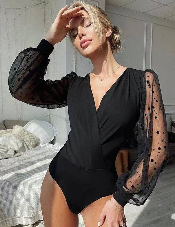 Crotch Polka dot mesh Long Sleeve V Neck Bodysuit | Shop Webbi