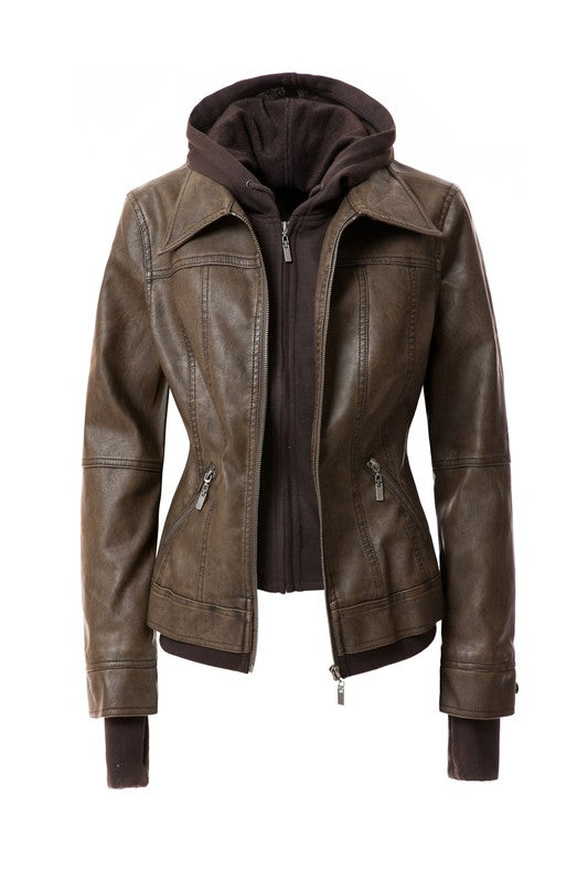 Jagger Women's Hood PU Leather Jacket