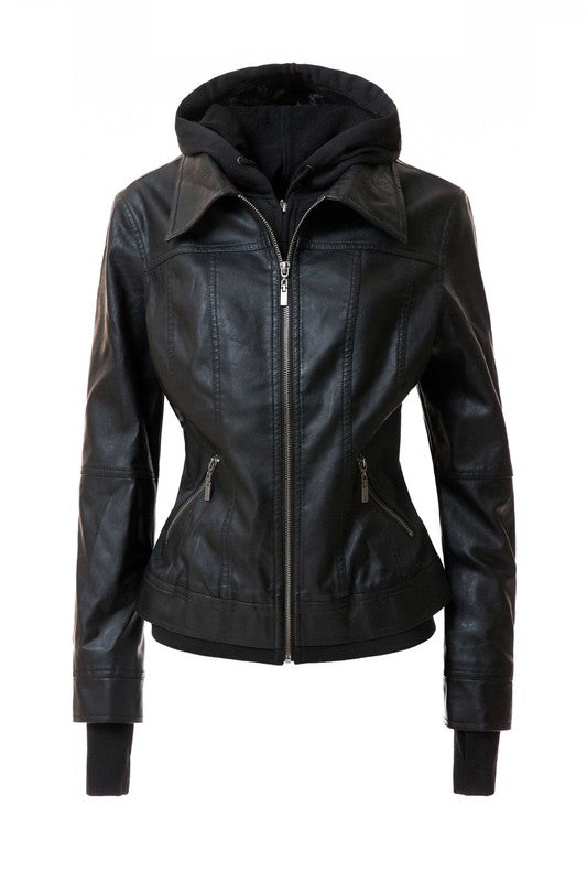 Jagger Women's Hood PU Leather Jacket