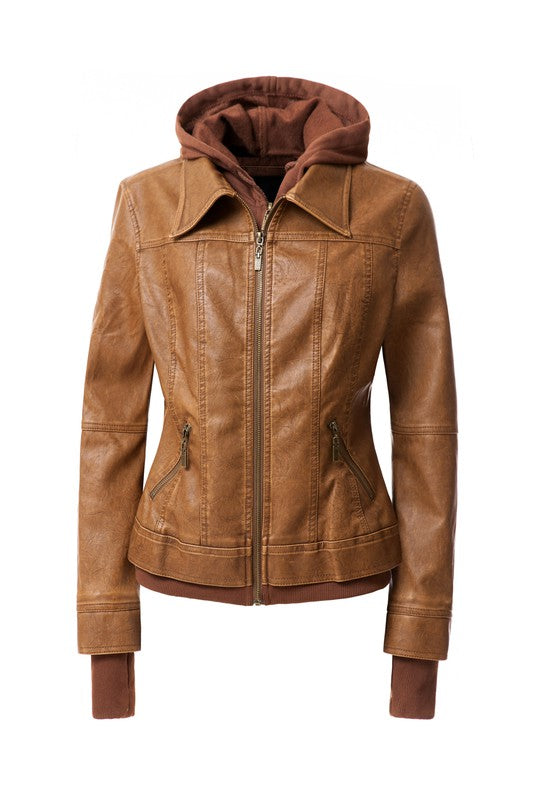 Jagger Women's Hood PU Leather Jacket