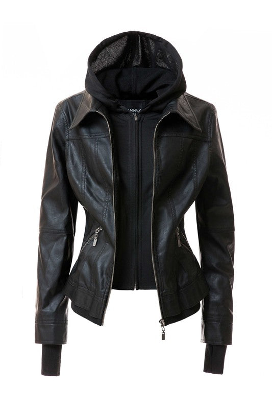 Jagger Women's Hood PU Leather Jacket