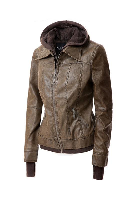 Jagger Women's Hood PU Leather Jacket