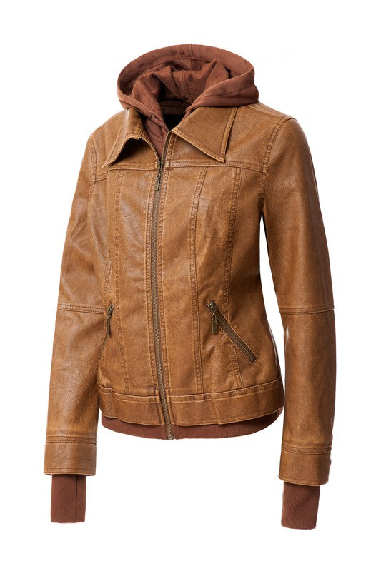 Jagger Women's Hood PU Leather Jacket