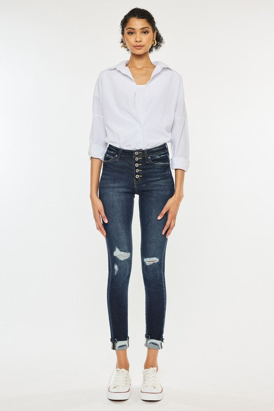 High Rise Button Down Cuffed Ankle Skinny Jeans | Shop Webbi