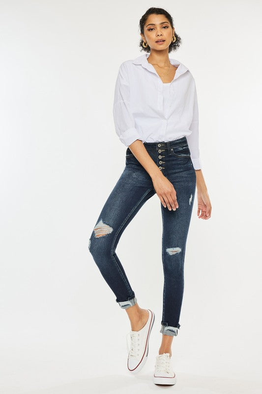 High Rise Button Down Cuffed Ankle Skinny Jeans | Shop Webbi