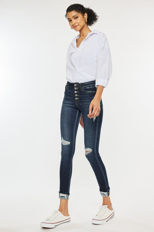 High Rise Button Down Cuffed Ankle Skinny Jeans | Shop Webbi