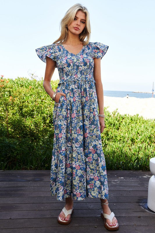 Vintage Garden Floral Flutter Smocking Midi Dress | Shop Webbi