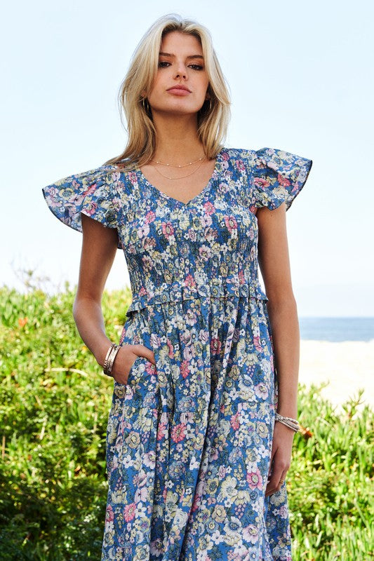 Vintage Garden Floral Flutter Smocking Midi Dress | Shop Webbi