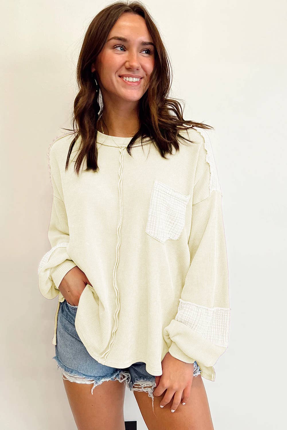 Exposed Seam Patchwork Bubble Sleeve Waffle Knit Top