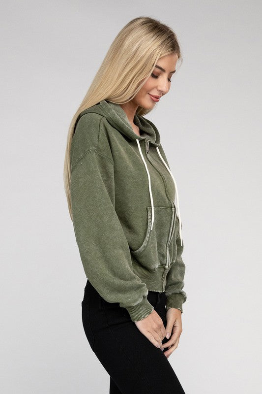 Acid Wash Fleece Cropped Zip-Up Hoodie | Shop Webbi