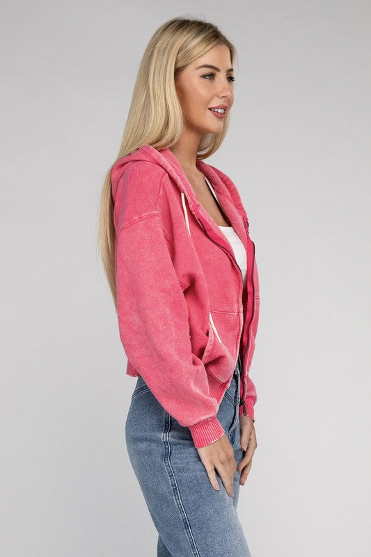 Acid Wash Fleece Cropped Zip-Up Hoodie | Shop Webbi