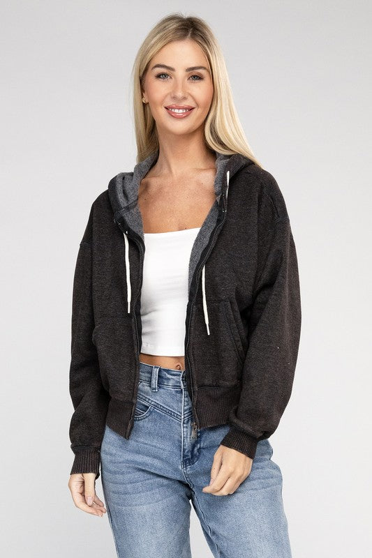 Acid Wash Fleece Cropped Zip-Up Hoodie | Shop Webbi