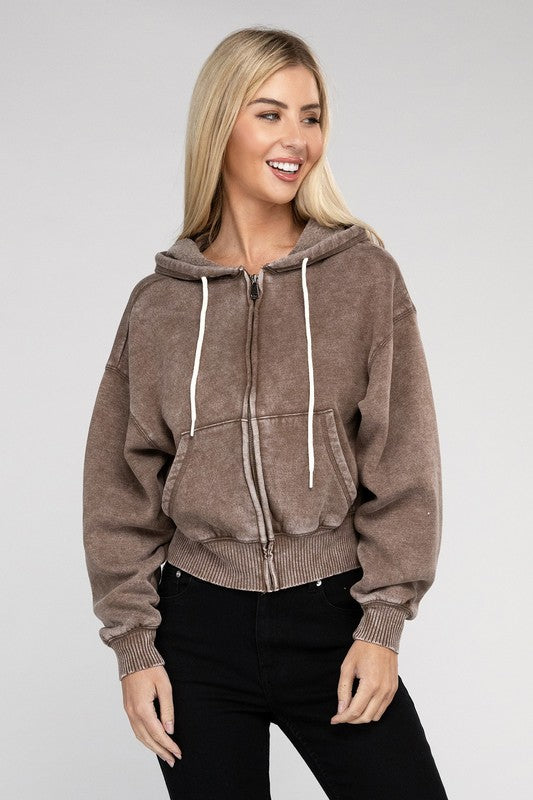 Acid Wash Fleece Cropped Zip-Up Hoodie | Shop Webbi