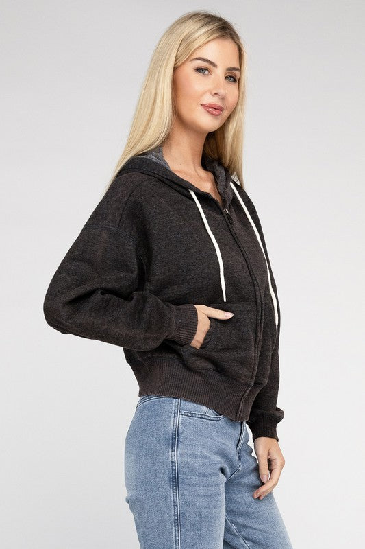 Acid Wash Fleece Cropped Zip-Up Hoodie | Shop Webbi