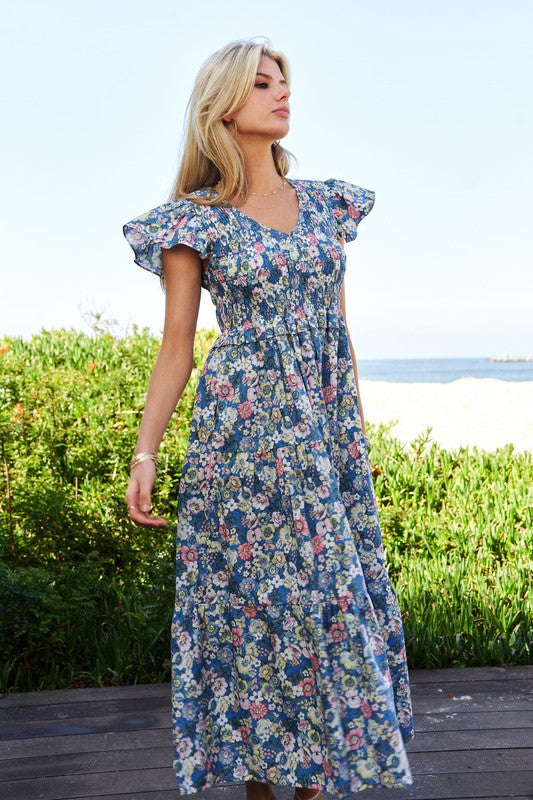 Vintage Garden Floral Flutter Smocking Midi Dress | Shop Webbi